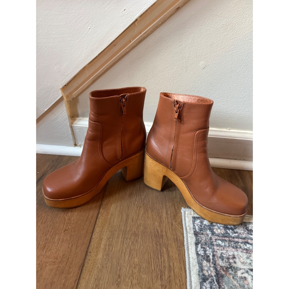 Charlotte Stone Paz Cognac Brown Leather Wood Platform Ankle Boots 7